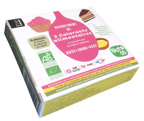 Etui 3 colorants alimentaires en poudre (rose, jaune et vert)