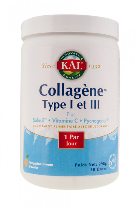 Collagène Type I et III Plus SolusilTM - Vitamine C Pycnogénol - Arôme naturel de mandarine - Pot 298g