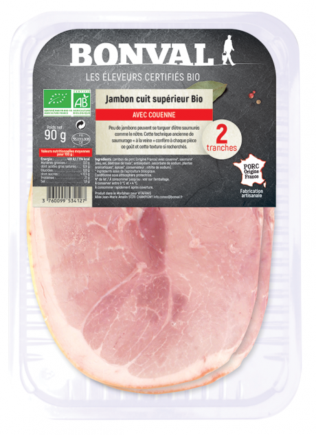 Jambon cuit supérieur avec couenne x 2 tranches