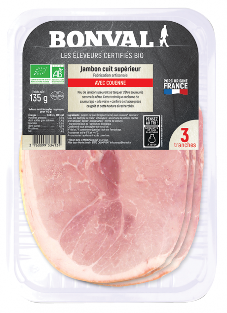 Jambon cuit supérieur avec couenne x 3 tranches