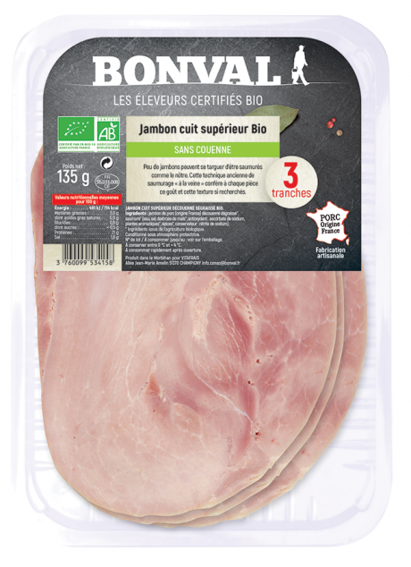 Jambon cuit supérieur découenné et dégraissé  x 3 tranches