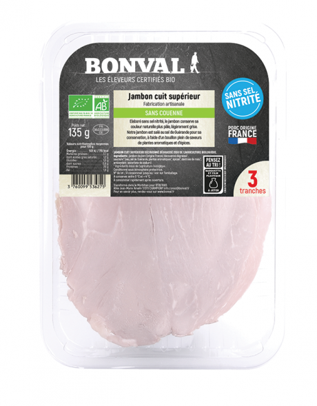 Jambon cuit supérieur découenné et dégraissé sans sel nitrité x 3 tranches