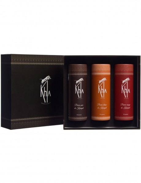 Coffret trois Poivres de Kampot (Noir/Rouge/Blanc).