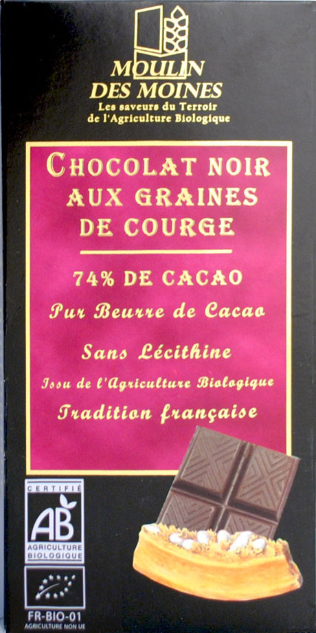 CHOCOLAT NOIR 74% GRAINES DE COURGE 100G AB